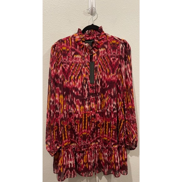 HOUSE OF HARLOW 1960 Burgundy Chiffon Ruffle Neck Long Sleeve Mini Dress - Picture 2 of 6